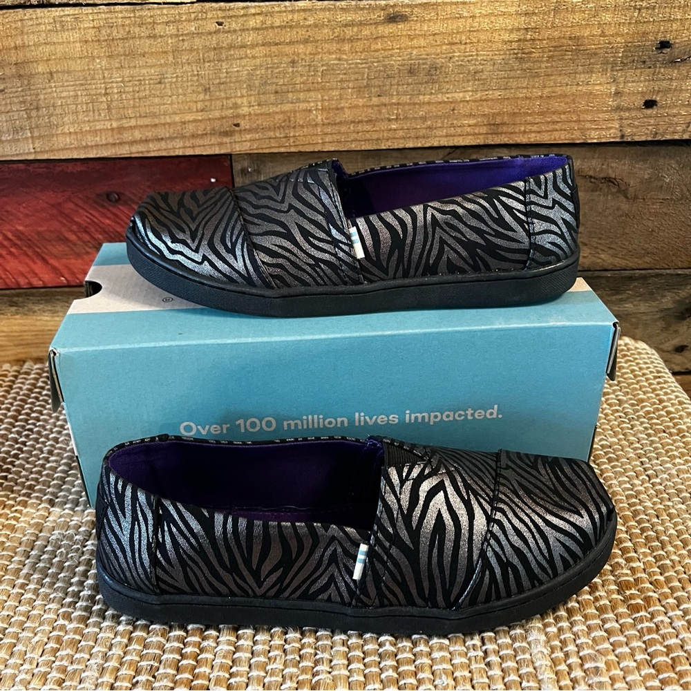 Toms Alpargata Black Shimmer Zebra Print Slip On Shoes Youth 4.5‎